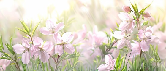   A tight shot of pink blooms against a backdrop of waving grasses Sunlight filters through grass blades and flower petals in the foreground