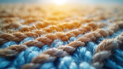   A tight shot of a blue-brown rug, sunny backdrop with a blurred background