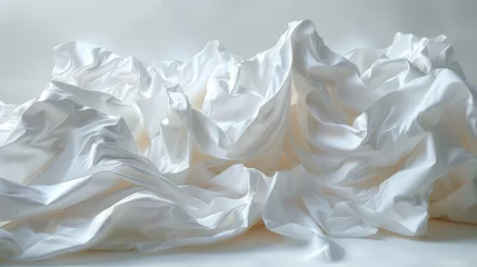 Deurstickers   A close-up abstract image of white fabric billowing in the wind against a white backdrop, softly focused at its uppermost layer © Jevjenijs