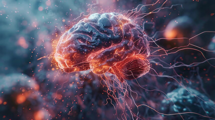 Close-up of human brain with visible neurons firing and neural extensions, showcasing the dynamic activity of the brain at a cellular level. - obrazy, fototapety, plakaty