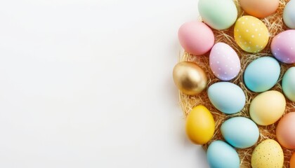 Easter banner with colorful Easter Egg double side border over a white background. Top view with copy space