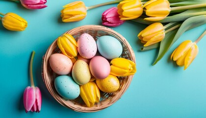 Fototapeta na wymiar Easter celebration concept. Top view photo of colourful Easter eggs and bunches of yellow and pink tulips on isolated teal background