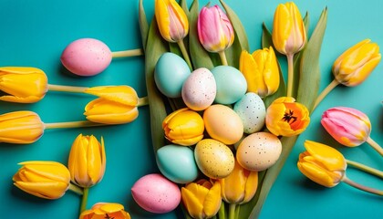 Fototapeta na wymiar Easter celebration concept. Top view photo of colourful Easter eggs and bunches of yellow and pink tulips on isolated teal background