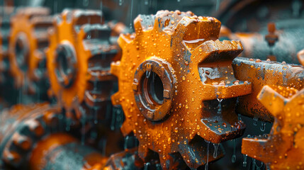 Close-up of rusty metal cogwheels with water drops