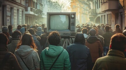 Crowd of people on the street watching a big old TV. AI generative. - obrazy, fototapety, plakaty