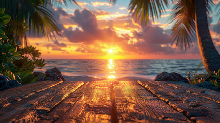 Wooden floor on the background of the sea and the sunset