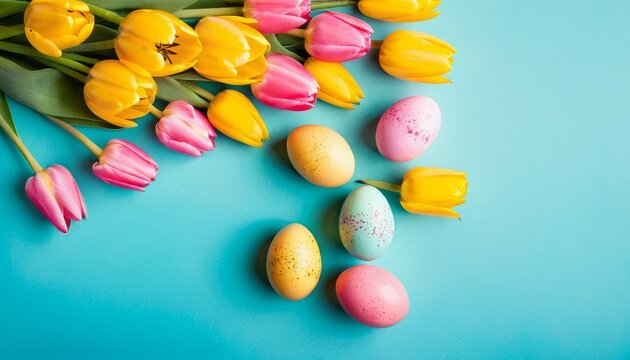Easter celebration concept. Top view photo of colourful Easter eggs and bunches of yellow and pink tulips on isolated teal background