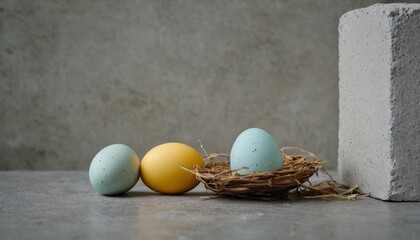 Easter composition on grey concrete background