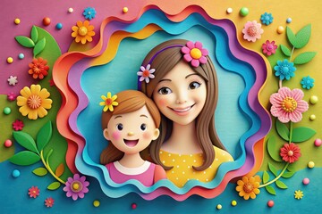 Papercut illustration of Mom hugs her daughter. Mom's love, Concept of mothers day, mothers love, relationships between mother and child, papercut art