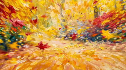 Dynamic, ever-changing autumn landscape in oil, where leaves dance with the wind.