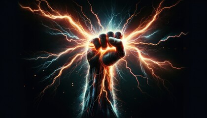 powerful image of a human fist raised and engulfed in a vibrant display of electrical energy. Bolts of intense lightning wrap around the hand