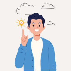 Idea. The guy thinks about the idea, creative thinker. Thinking alone. Creative work. Freelancer. Design. Education. Hobby. Entertainment. Vector. Cartoon style. Creative idea. 