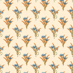 Watercolor seamless pattern with cornflowers and wheat bouquet. Yellow ears of wheat and blue cornflowers on a white background.