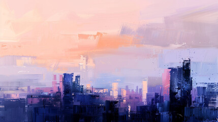 As dusk turns to night, city silhouettes against a painted sky tell of the day's end. - obrazy, fototapety, plakaty