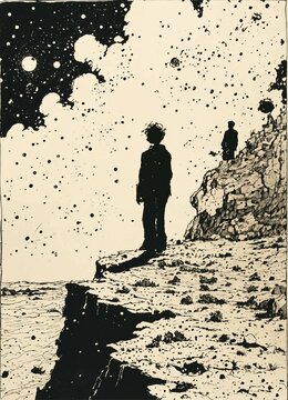 Pen and ink, illustrated by hergé, the universe is collapsing. a godly being. sadness, surreal, detailed.