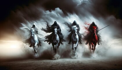 four horsemen representing different elements, charging through a desolate landscape. - obrazy, fototapety, plakaty