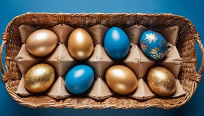 Easter eggs with blue and gold decoration on a blue background. Flat lay, top view. religious holiday. Banner,