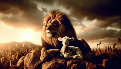noble lion sitting beside a small, innocent lamb on a rocky outcrop. The scene is set during the golden hour - obrazy, fototapety, plakaty