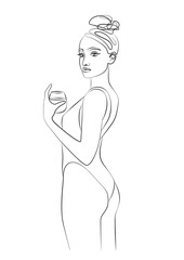 simple, minimalist illustration of a beautiful woman with drink in a swimsuit, vector line art, beauty, fitness and spa salon concepts, promoting wellness and self-care 