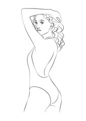 simple, minimalist illustration of a beautiful woman in a swimsuit, vector line art, beauty, fitness and spa salon concepts, promoting wellness and self-care 