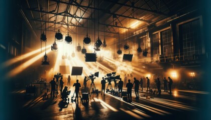 bustling film set inside an industrial-style studio with high ceilings. The scene is dramatically backlit with warm