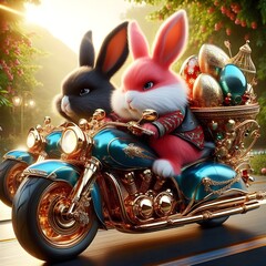 Rabbit and cat on the moter cycle 