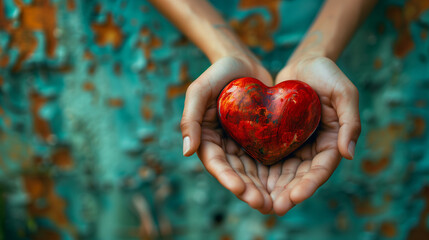 Two hands holding a red heart between them on a teal rustic background.