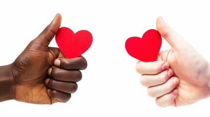 Two hands holding red hearts on a white background, while doing a thumbs-up gesture.