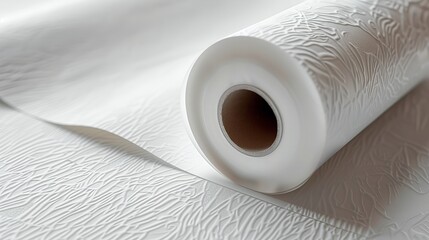 Close up of a roll of white paper for wall with design in a clean surface with a big space for text or product advertisement, Generative AI. - obrazy, fototapety, plakaty