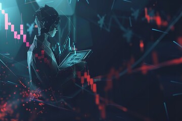 Stock market share candles with a person holding a tab in a dark backdrop concept of businessman analyzing computer profit, Generative AI. - obrazy, fototapety, plakaty