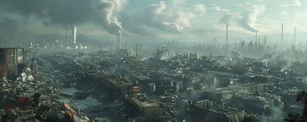 Craft a visually striking image illustrating a side view of a dystopian world filled with industrial structures, 