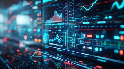 A futuristic holographic display showing real-time stock market data and analytics, representing the integration of technology and data in financial analysis