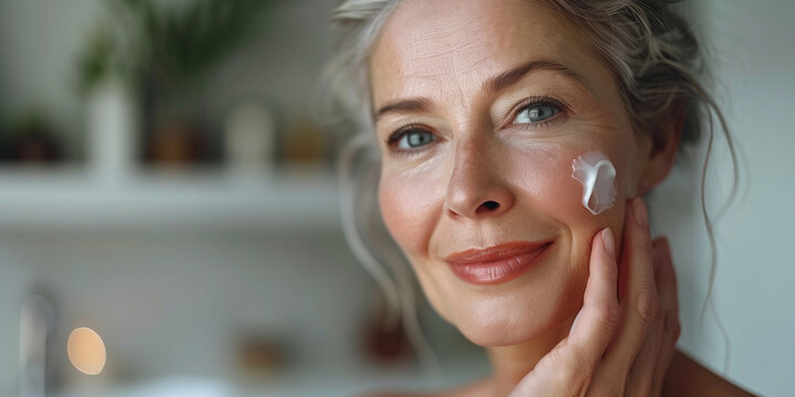 One caucasian older 55 woman washing face with soap cream cleanser with hands female antiaging retinol moisturizer menopause skincare clinic spa lifestyle wellness cosmetic beauty brand campaign