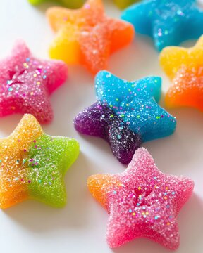 neon stars, colorful candy, sugar dusted gummy stars, product photography, high resolution, close up shot of the top surface of each star with brand logo  nuevo fini The background is plain white The