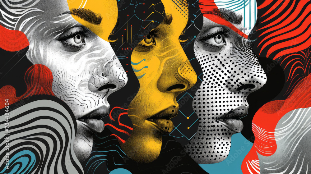 Poster a visually stimulating abstract collage combining elements of black and white faces with colorful ac