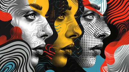 A visually stimulating abstract collage combining elements of black and white faces with colorful accents, representing psychology and stress in a wallpaper illustration. - obrazy, fototapety, plakaty