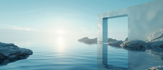 A tranquil 3D rendering of a futuristic zen seascape with calm water, black rocks seashore, mirror, and pastel blue sky. Abstract minimalist background. - obrazy, fototapety, plakaty