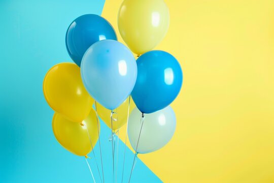 Bunch of blue and yellow balloons on a pastel background