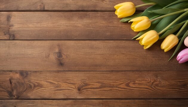 Easter holiday background with Easter eggs and tulip flowers on wooden table. Top view from above
