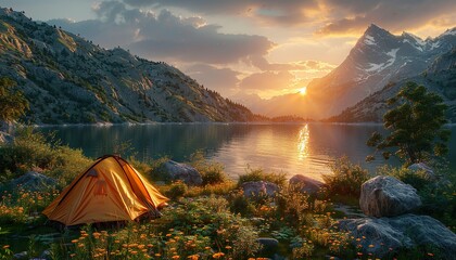 Tourist tent camping in mountains at sunset 