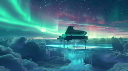 Glass piano on cloud platform, aurora backdrop, ethereal, dream-like surrealism.