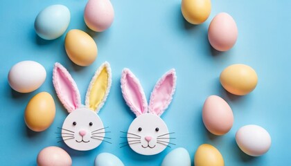 Easter party concept. Top view photo of Easter bunny ears white pink blue and yellow eggs on isolated pastel blue background