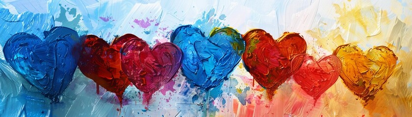 Hearts and abstract color splashes, joyous composition, 2D.
