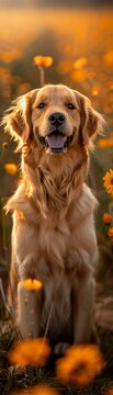 Golden retriever, Meadow, Happy dog playing in a field of flowers, Sunny day, Photography, Golden Hour, Vignette