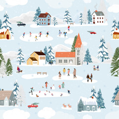 Winter Pattern,Christmas background,Winter wonderland landscape city with pine tree,cute house,people playing ice skate,Vector design Family celebration in village on New Year Eve,Xmas Holiday 2025