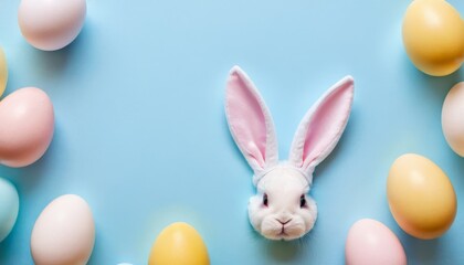 Fototapeta na wymiar Easter party concept. Top view photo of Easter bunny ears white pink blue and yellow eggs on isolated pastel blue background