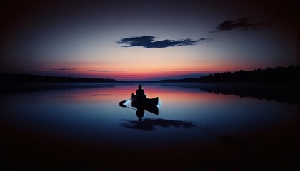 Fototapeta na wymiar lone fisherman on a canoe, set against a twilight sky. The still waters mirror the delicate gradients of dusk