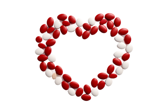 Harmony in Medication: A Heart Formed by Red and White Pills. On White or PNG Transparent Background.