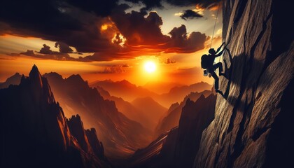 climber scaling a sheer cliff face against a dramatic sunset backdrop.