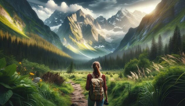 hiker looking at majestic mountains. The scene is set in a lush valley with a clear path leading towards the towering peaks.